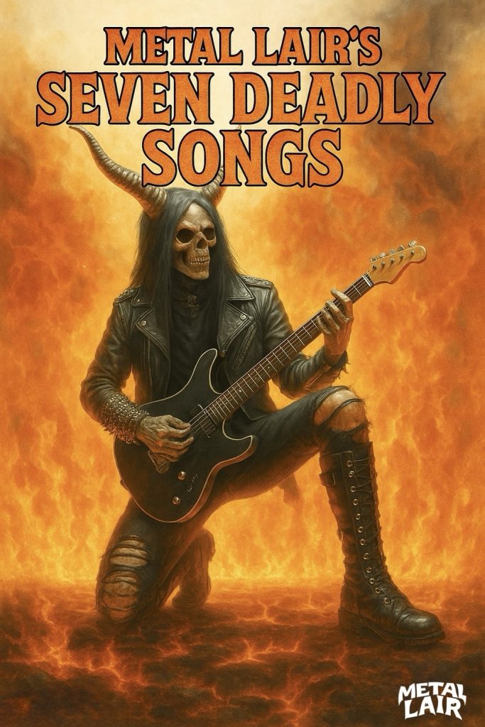	“Metal Lair’s Seven Deadly Songs cover art – horned skeleton in black leather shreds guitar in apocalyptic firestorm, metal playlist promo.”