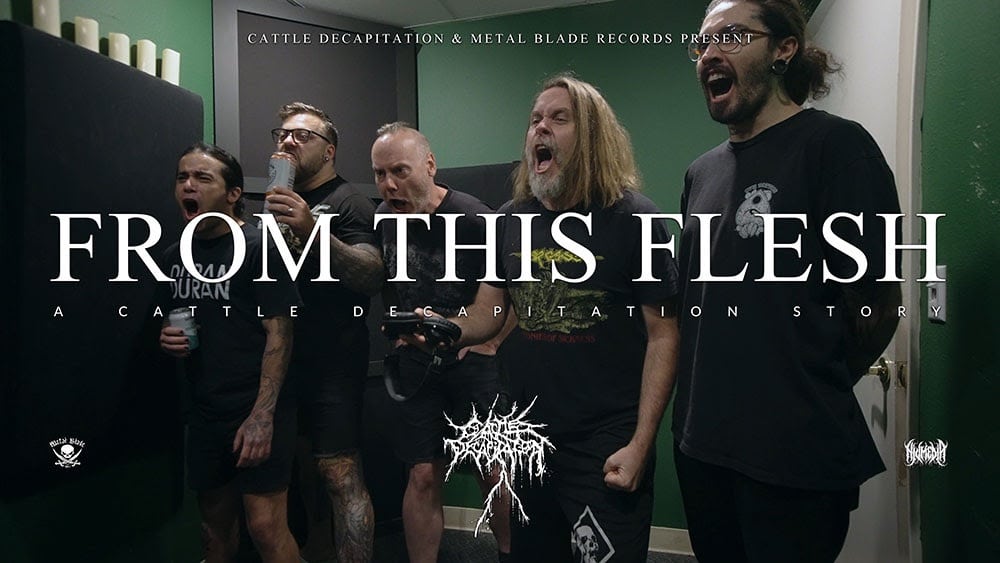 “Cattle Decapitation band members in a behind-the-scenes moment promoting ‘From This Flesh: A Cattle Decapitation Story,’ documentary-style film presented by Metal Blade Records, showcasing extreme metal band’s creative process.”