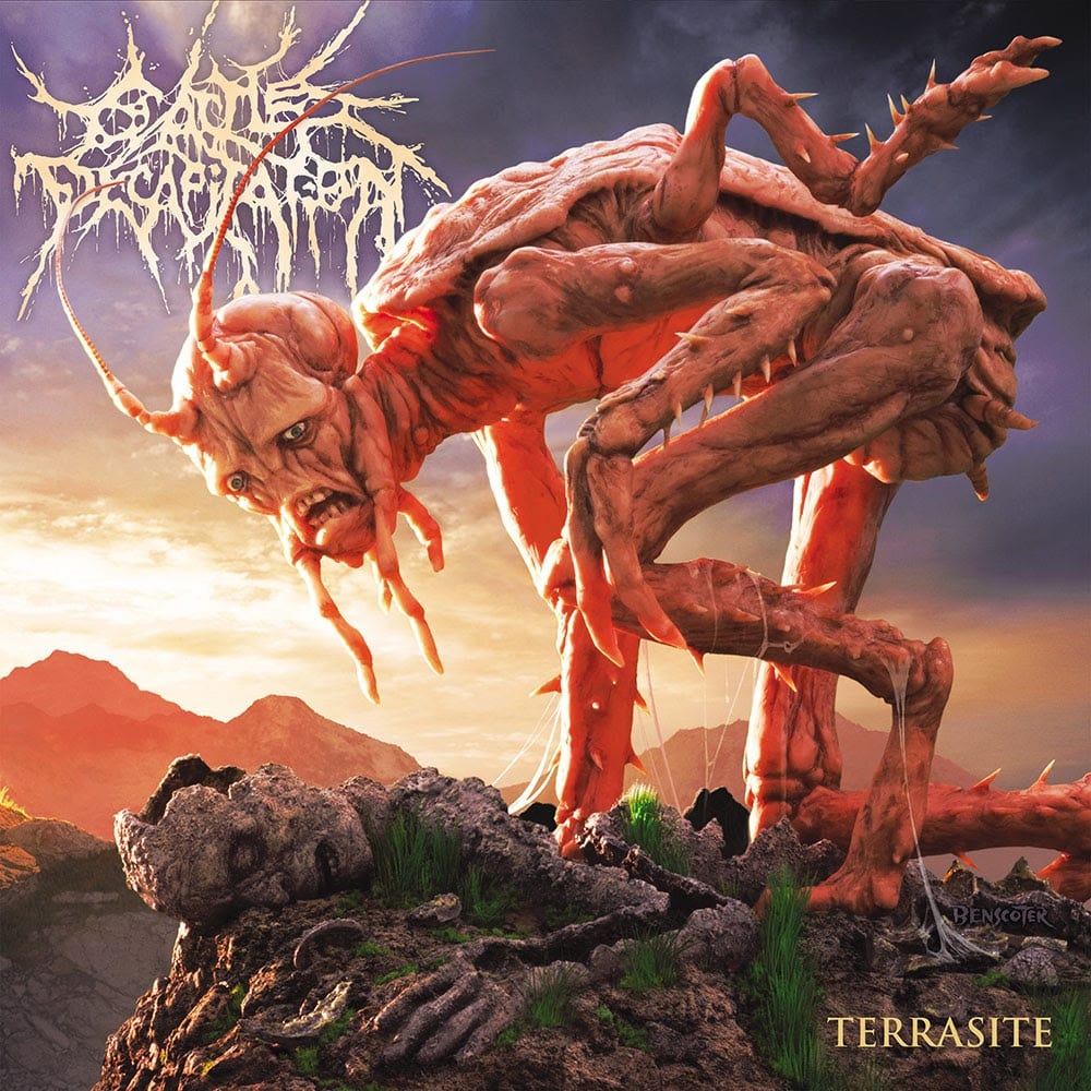 “Cattle Decapitation Terrasite album cover featuring grotesque humanoid-insect creature towering over a desolate landscape with skeletal remains, surreal horror artwork by Wes Benscoter, deathgrind metal release 2023.”