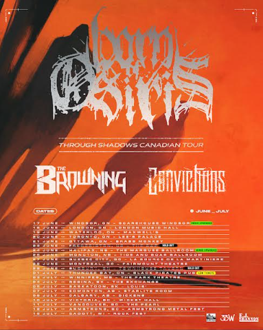 Born of Osiris 2025 Through Shadows Canadian tour flyer with The Browning and Convictions, June–July tour dates listed across Canada