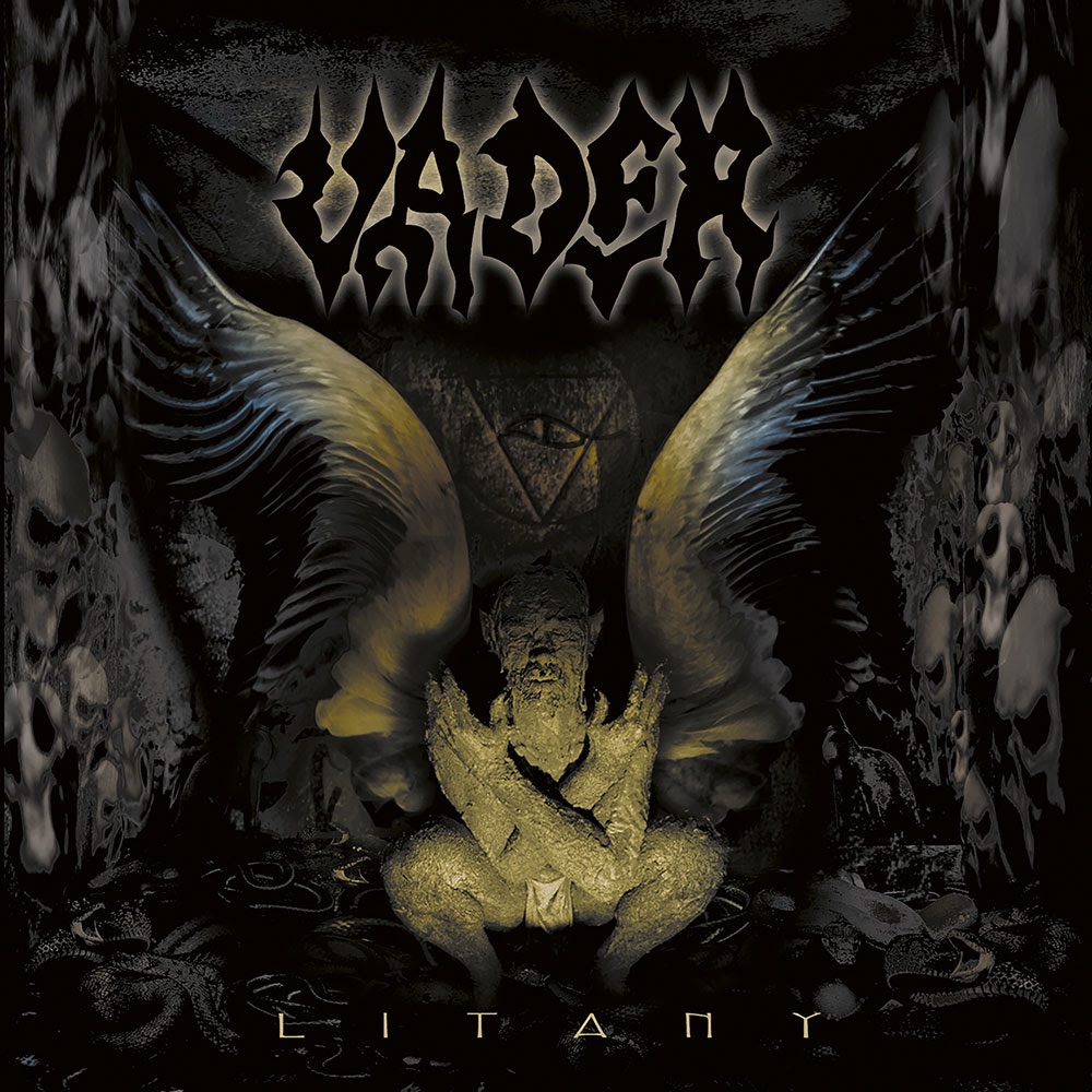 Vader’s “Litany” 25th Anniversary Reissue cover art featuring a winged stone figure with crossed arms surrounded by skulls, released by Metal Blade Records on June 6, 2025.
