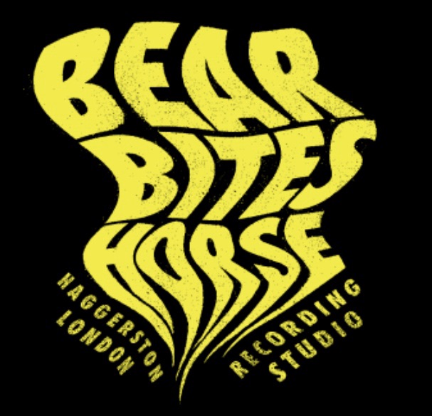 Bear Bites Horse Recording Studio logo in bold yellow psychedelic font, London 2025