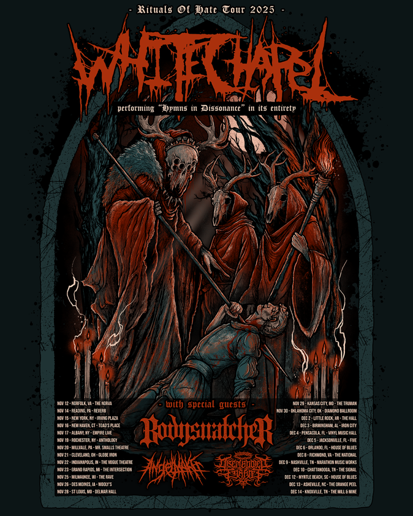 Whitechapel Rituals Of Hate 2025 US tour flyer featuring antlered cult figures and tour dates with special guests Bodysnatcher, Angelmaker, Disembodied Tyrant