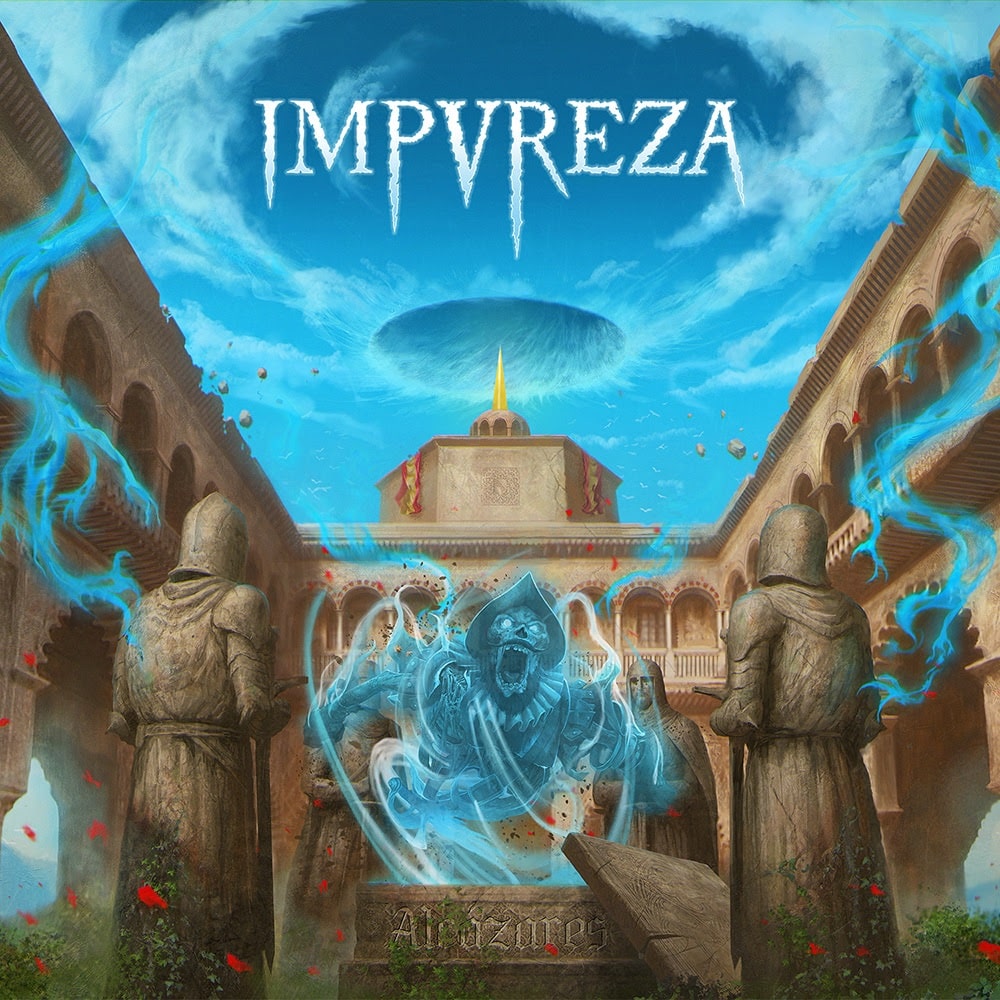 IMPUREZA Alcázarës album cover showing ghostly figures rising from stone statues in a historic Spanish courtyard beneath a surreal stormy sky.
