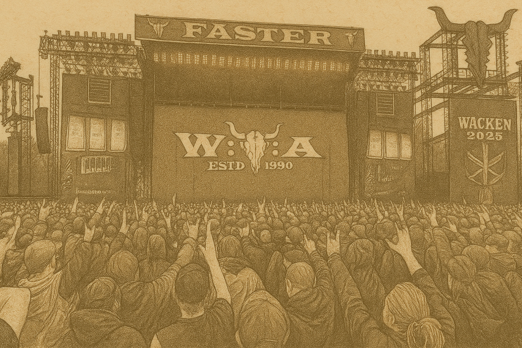 Wacken 2025 festival crowd in front of Faster stage with W:O:A logo and metal horns raised.