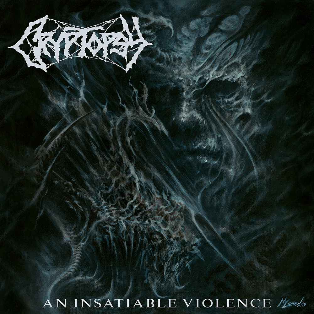 Cryptopsy An Insatiable Violence album cover artwork by Martin Lacroix. Dark, surreal painting of a demonic entity in swirling shadows. Official 2025 album art for Cryptopsy’s ninth full-length release on Season of Mist. Technical death metal album cover design.