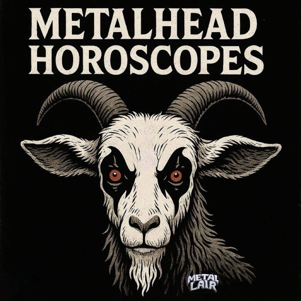 A 2D digital illustration of a goat with black metal corpse paint on its face, including dark eye sockets and an inverted cross on its forehead. The goat has intense red eyes, curled horns, and a grim expression. The background is solid black, and at the top, bold white text reads “METALHEAD HOROSCOPES.”
