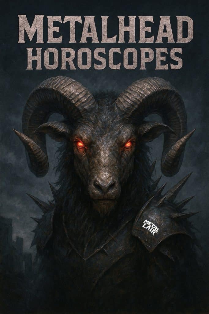 Dark metal-style digital artwork of a menacing ram with glowing red eyes and massive curled horns, wearing spiked black armor. The text “Metalhead Horoscopes” appears in bold, distressed lettering at the top against a smoky, stormy background. The ram stands as a powerful symbol of astrological rebellion and heavy metal spirit.