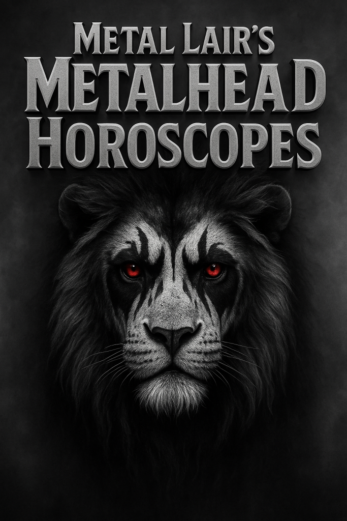 A black and white lion with corpse-paint style markings and glowing red eyes against a dark smoky background. The text reads “Metal Lair’s Metalhead Horoscopes” in bold metallic letters at the top.