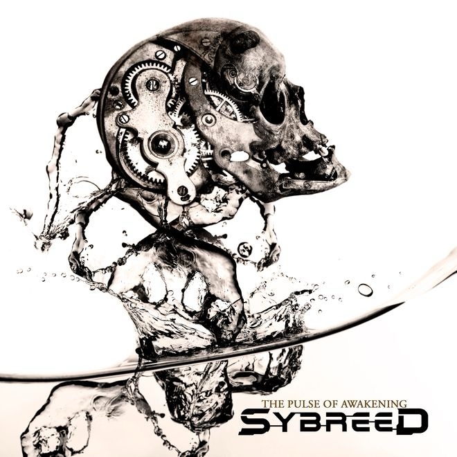 Cover art for Sybreed’s album The Pulse of Awakening. A partially submerged skull composed of both bone and mechanical gears emerges from splashing water. The skull’s cranium is integrated with intricate clockwork mechanisms, blending human anatomy with industrial machinery. The overall color palette is stark black and white with a sepia undertone, creating a high-contrast, clinical atmosphere. The band name “Sybreed” appears in bold black text at the bottom right, with the album title “The Pulse of Awakening” in smaller gold lettering above it.