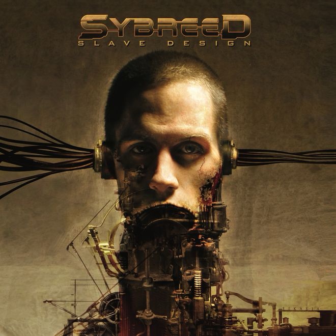 Alternate cover art for Sybreed’s album Slave Design. A human face, partially fused with machinery, stares directly at the viewer. The lower half of the head transitions into a complex biomechanical structure of gears, tubes, and wires. Thick black cables extend from both sides of the person’s head into the background. The color palette is dominated by warm sepia and bronze tones, giving the image an industrial, dystopian feel. The band name “Sybreed” appears at the top in bold metallic gold text, with the album title “Slave Design” in smaller gold letters below it.