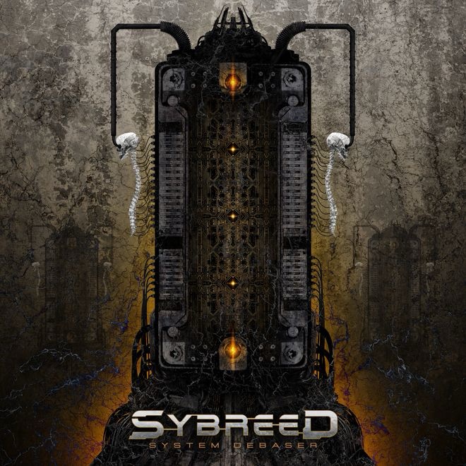 Cover art for Sybreed’s EP System Debaser. A tall, dark, mechanical structure resembling a futuristic server tower or vertical engine dominates the center. Glowing orange lights accent the intricate circuit-like patterns along its surface. Two curved pipes extend outward at the top, each connected to a skeletal spine and skull, suggesting biomechanical fusion. The background is a textured, cracked concrete wall with shadowy, mirrored versions of the central structure faintly visible. The band name “Sybreed” appears at the bottom in metallic silver, with the title “System Debaser” below it in glowing orange. The mood is dark, industrial, and ominous.