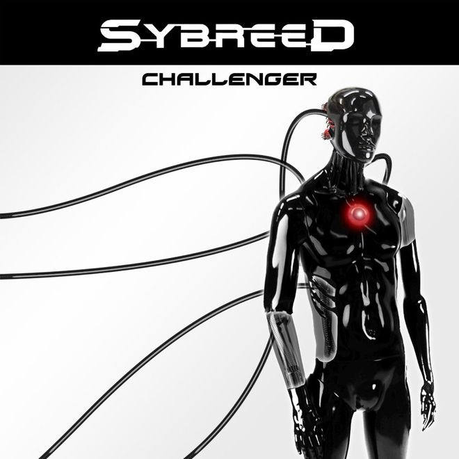 Cover art for Sybreed’s single Challenger. A glossy black humanoid figure stands against a clean white background, partially robotic with visible circuits in its forearm and cables plugged into its back and head. A glowing red light emanates from its chest, resembling a mechanical heart. The design is sleek and futuristic, evoking themes of cybernetics and artificial intelligence. The band name “Sybreed” appears in bold white text within a black bar at the top, with the single title “Challenger” in smaller futuristic font below.