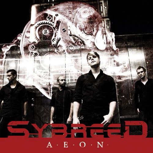 Cover art for Sybreed’s single Aeon. The band members stand in front of a futuristic, industrial backdrop, dressed in black with serious expressions. Above them hovers a large, semi-transparent mechanical skull filled with gears and clockwork, rendered in a glowing red hue. The color scheme is dominated by black, red, and metallic tones. At the bottom, the band’s name “Sybreed” is written in bold red text, with the single title “Aeon” spaced out beneath it in white capital letters. The overall tone is sleek, dark, and cyber-industrial.