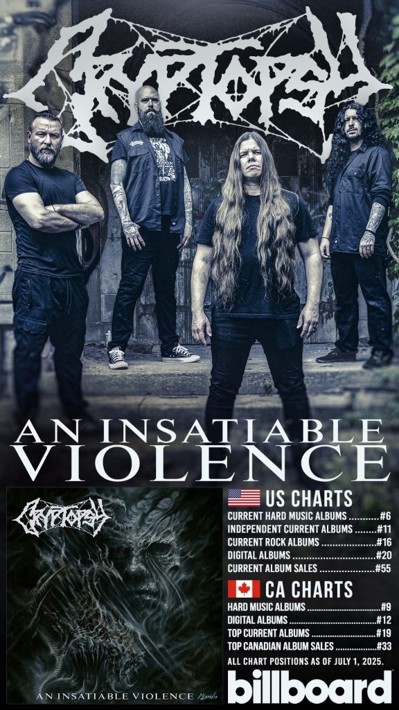 Promotional poster for Cryptopsy’s album An Insatiable Violence. The band stands in a gritty urban setting with their logo above them. Below is the album cover featuring dark, chaotic artwork. Billboard chart rankings are listed: #6 on US Hard Music Albums, and top 10 placements in various US and Canadian charts as of July 1, 2025. The Billboard logo appears in the bottom right.