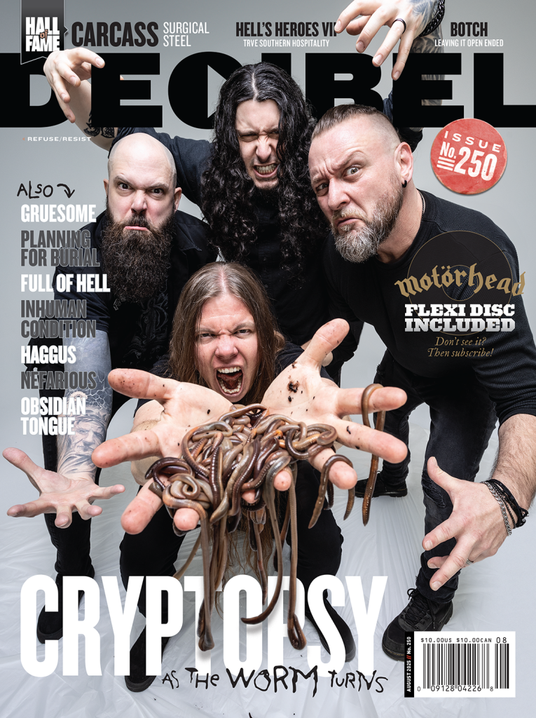 Cover of Decibel magazine, Issue No. 250, featuring Cryptopsy. The band members strike aggressive poses with intense expressions. Frontman Matt McGachy screams while holding a handful of live earthworms. Text reads: “Cryptopsy: As the Worm Turns.” Other bands featured include Gruesome, Full of Hell, and Planning for Burial. A Motörhead flexi disc is also advertised.