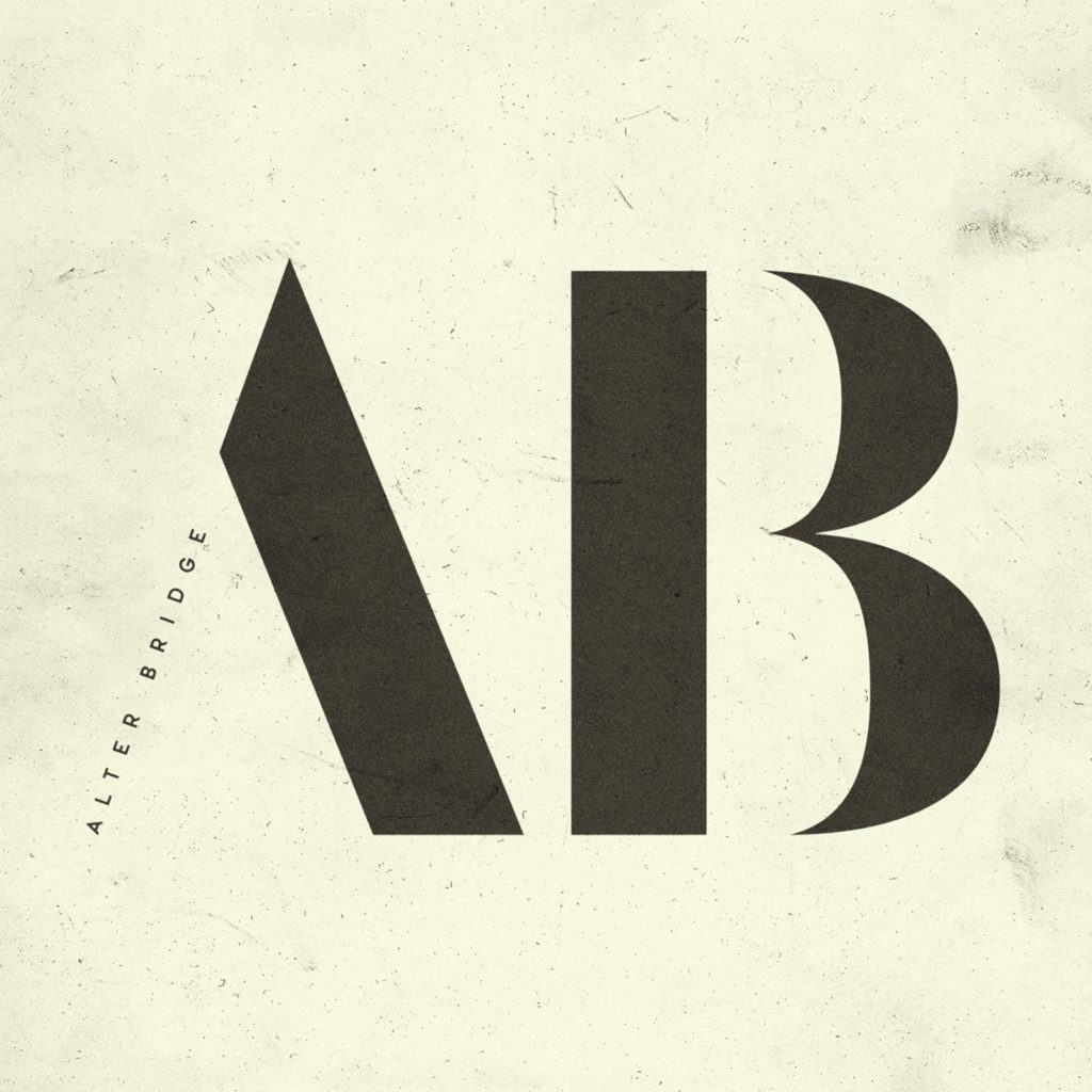 Alter Bridge 2026 self titled album cover featuring minimalist AB monogram in bold black letters on a textured cream background, with ‘Alter Bridge’ printed vertically on the left.