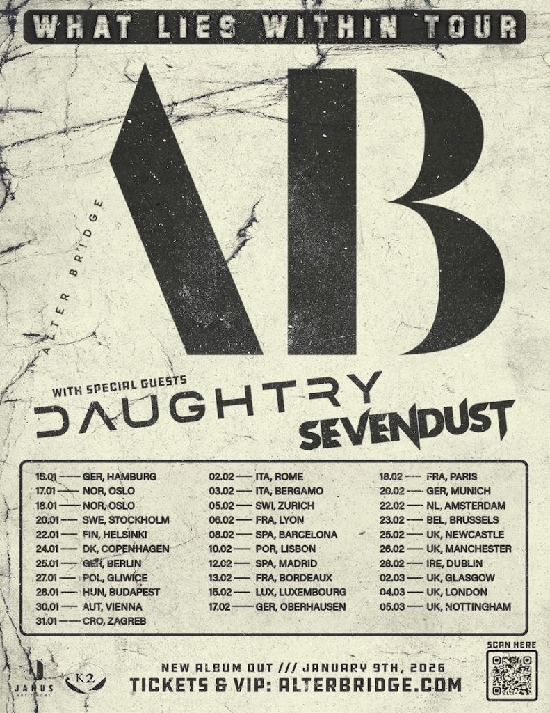 Alter Bridge What Lies Within Tour 2026 poster featuring large AB monogram, with Daughtry and Sevendust as special guests, and full list of European tour dates from January 15 to March 5, 2026
