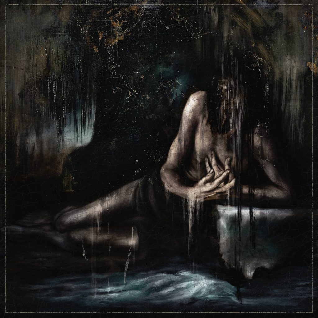 Dark and abstract album artwork depicting a partially obscured, anguished figure kneeling in shadow. The figure’s face and body appear distorted by black paint-like streaks, with hands clutching their chest in a gesture of pain or despair. The background features murky textures and cracked brushstrokes, creating a haunting and surreal atmosphere