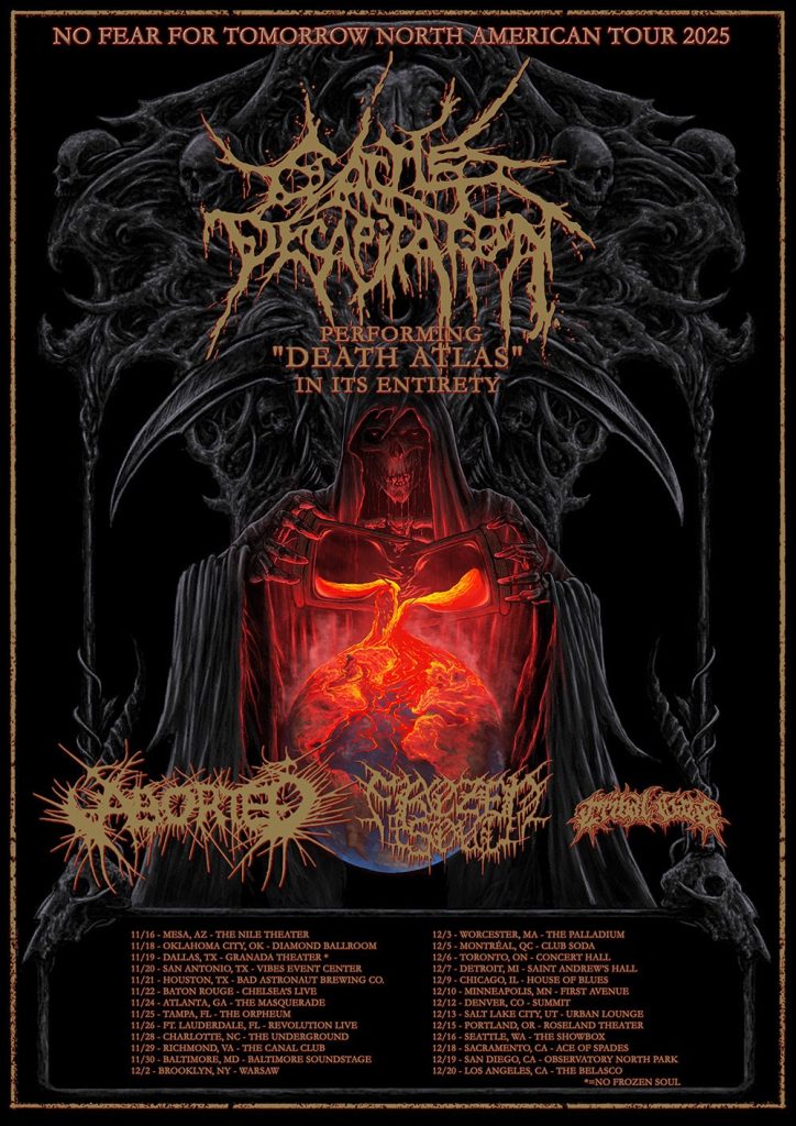 Promotional poster for Cattle Decapitation’s 2025 No Fear for Tomorrow North American tour, featuring the band performing Death Atlas in its entirety. The artwork depicts a grim reaper figure holding a fiery, melting Earth, surrounded by skeletal imagery. Logos for supporting acts Aborted, Frozen Soul, and Tribal Gaze appear at the bottom. Tour dates and venues listed from November 16 to December 20 across the U.S. and Canada.