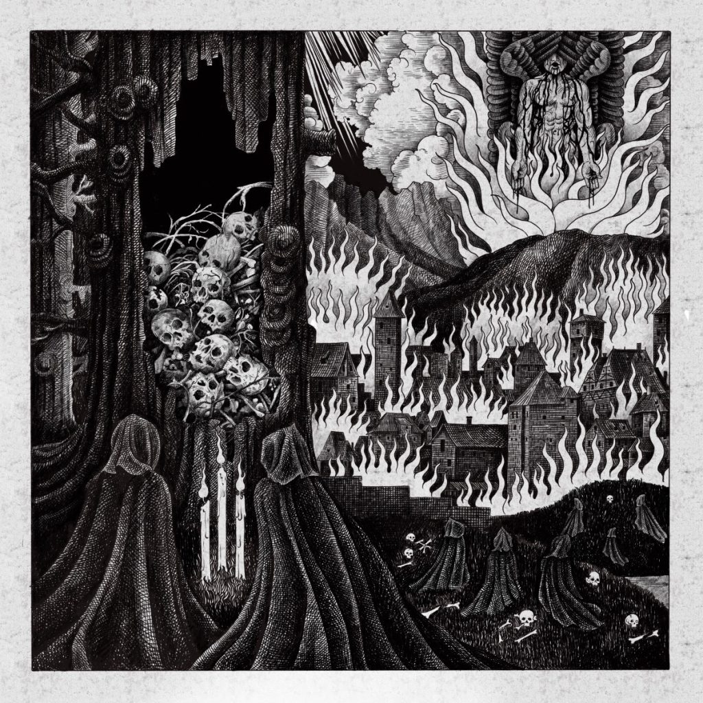 Illustrated black-and-white album art for You Are Safe From God Here by The Acacia Strain, depicting a surreal hellscape with robed figures, a city engulfed in flames, a pile of skulls in a forest, and a horned demonic figure looming in the sky.