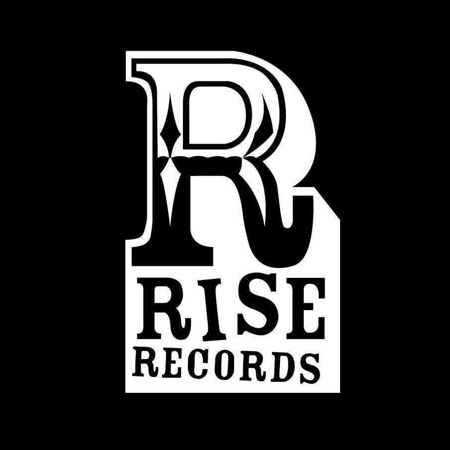 Rise Records logo in black and white featuring a bold, stylized capital “R” above the label name in block lettering.
