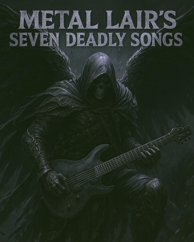 Metal Lairs Seven Deadly Songs – dark fantasy artwork of a hooded grim reaper with black wings playing an electric guitar, symbolizing heavy metal culture.