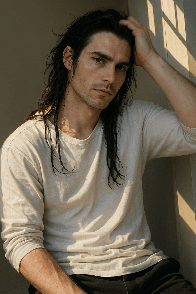 A muscular man with long dark hair and piercing blue eyes sits wearing an off white long sleeved shirt. 