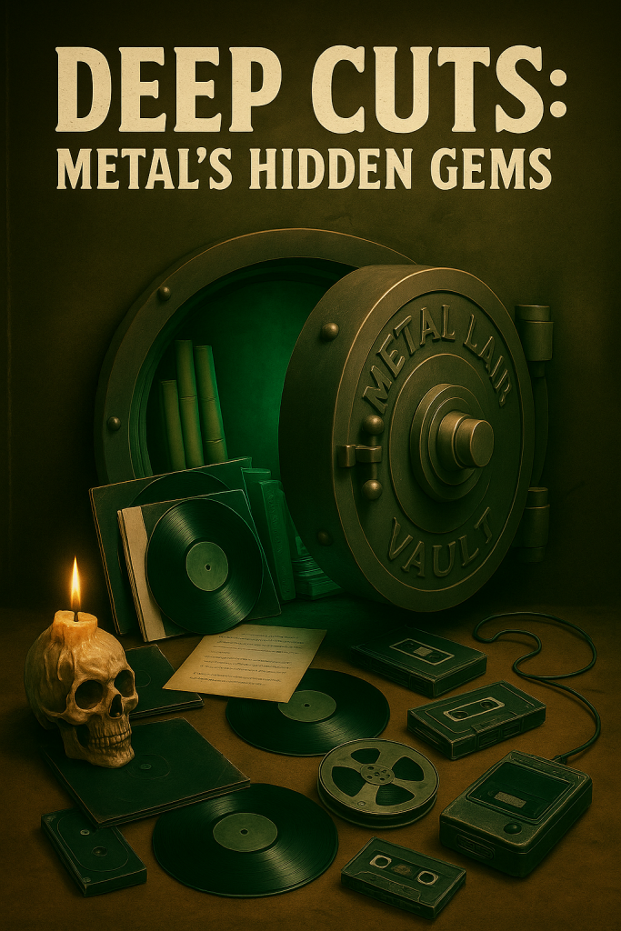 Deep Cuts Week 6 — Metal’s Hidden Gems: Green Carnation, Sarcófago, Necrovore, Slaughter Lord, Abhorrence; vault artwork with vinyl/cassettes.