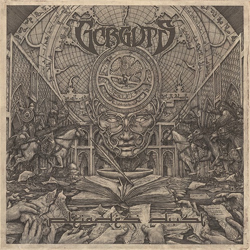Gorguts Pleiades’ Dust album cover with intricate, hand-drawn artwork of an ancient library setting, celestial diagrams, armored figures, and an open book at the center.