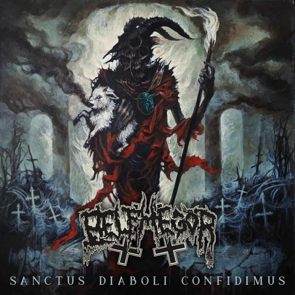 Album cover for Belphegor’s single “Sanctus Diaboli Confidimus,” depicting a horned demonic figure draped in tattered red robes, holding a goat and a torch, surrounded by tombstones and misty, infernal ruins.