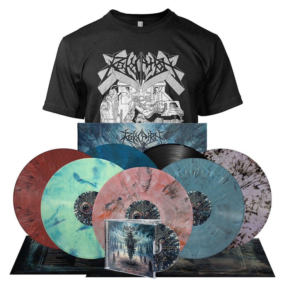 Revocation New Gods, New Masters merch bundle featuring a black T-shirt with futuristic mech artwork, six colored vinyl variants, a CD, and album artwork backdrop.
