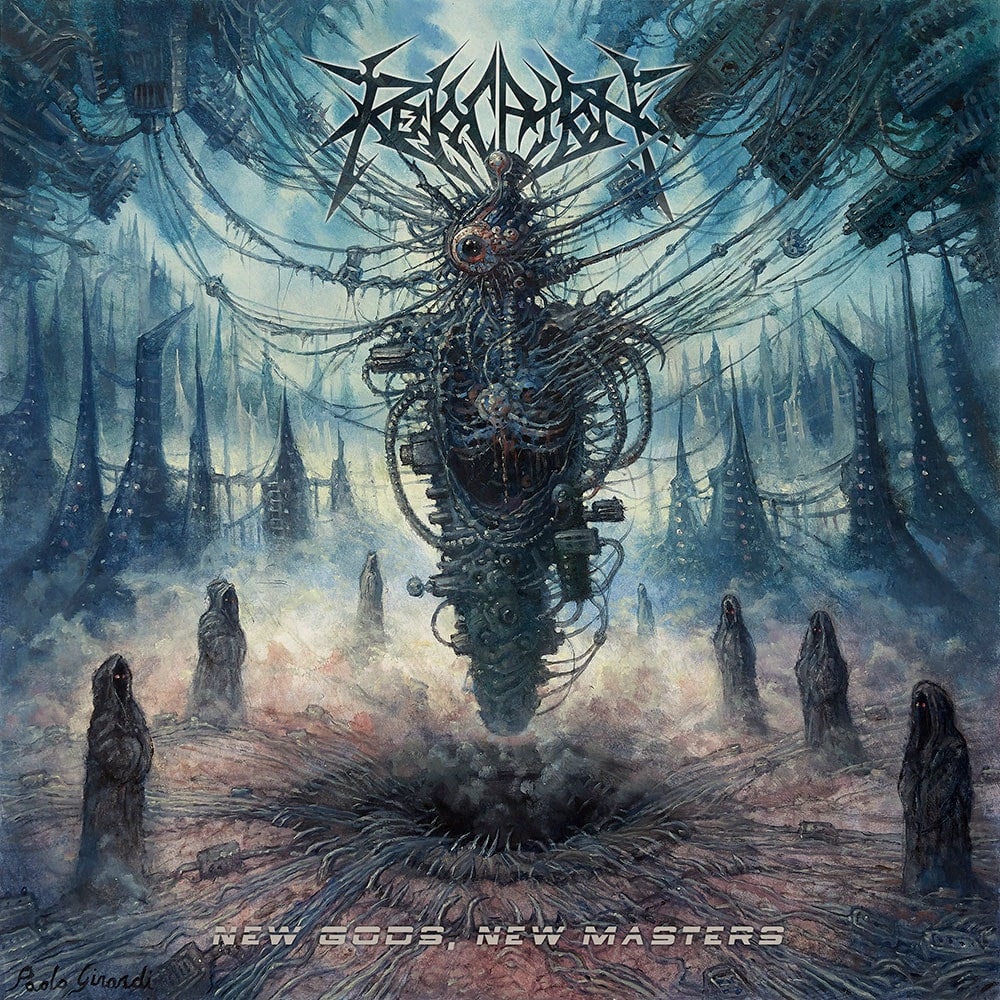 Revocation Sarcophagi of the Soul. Cover art for Revocation’s New Gods, New Masters by Paolo Girardi, depicting a biomechanical god-like figure suspended by cables over a pit, surrounded by hooded figures in a dystopian cityscape.