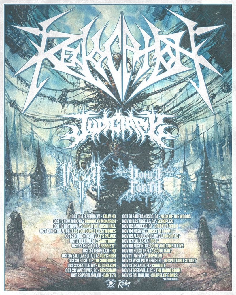 Revocation 2025 North American tour poster featuring the New Gods, New Masters album artwork, band logo, and tour dates from October 16 to November 15 with support from Judiciary, Inferi, and Vomit Forth.
