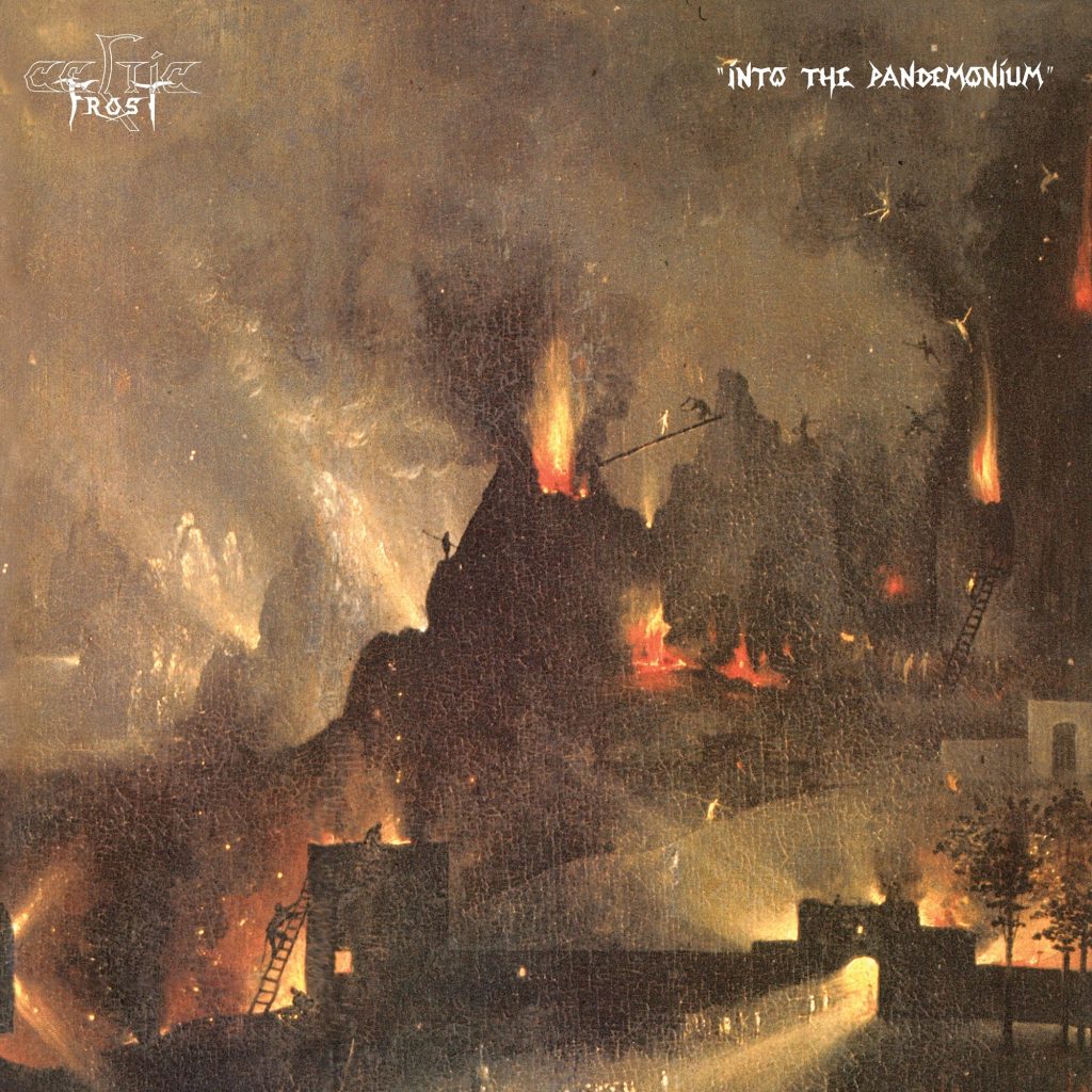 Album cover of Celtic Frost’s Into the Pandemonium featuring a medieval painting of a fiery apocalyptic scene.