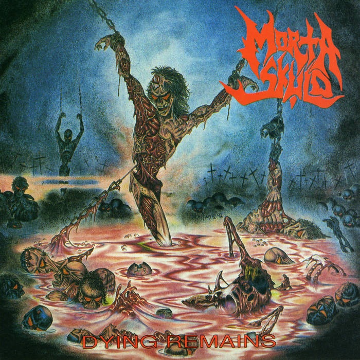 Gruesome horror style death metal artwork showing a rotting corpse chained and crucified above a blood-red swamp filled with skeletal remains and skulls, with the Morta Skuld logo in red above.