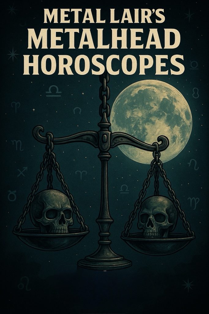 Unleash Your Metalhead Horoscope – Libra Season Full Moon Artwork featuring skulls balanced on a scale under the night sky, with Aries, Virgo, Taurus, and Libra zodiac symbols in the background.
