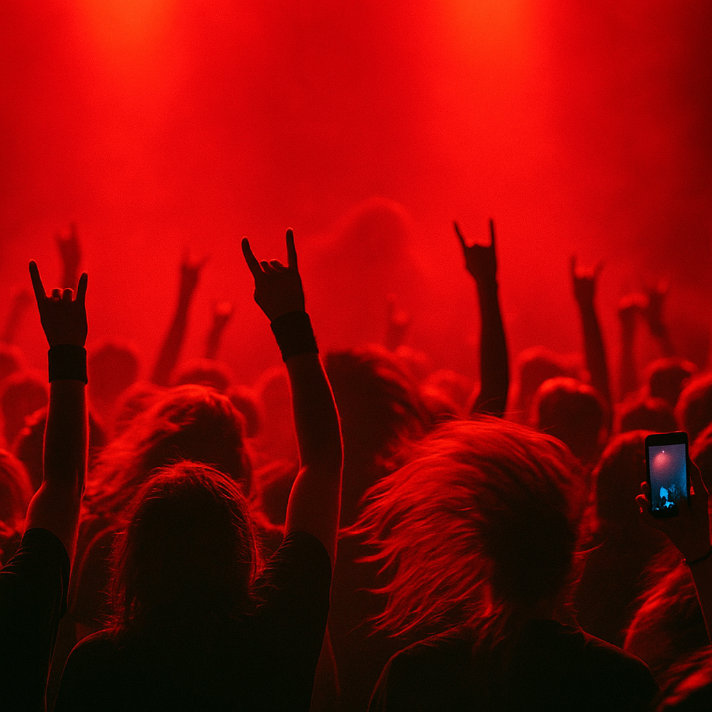 Gen Z metal bands.
Underground technical death metal crowd headbanging under red lights with metal horns and cell phones raised. Energy live show atmosphere.