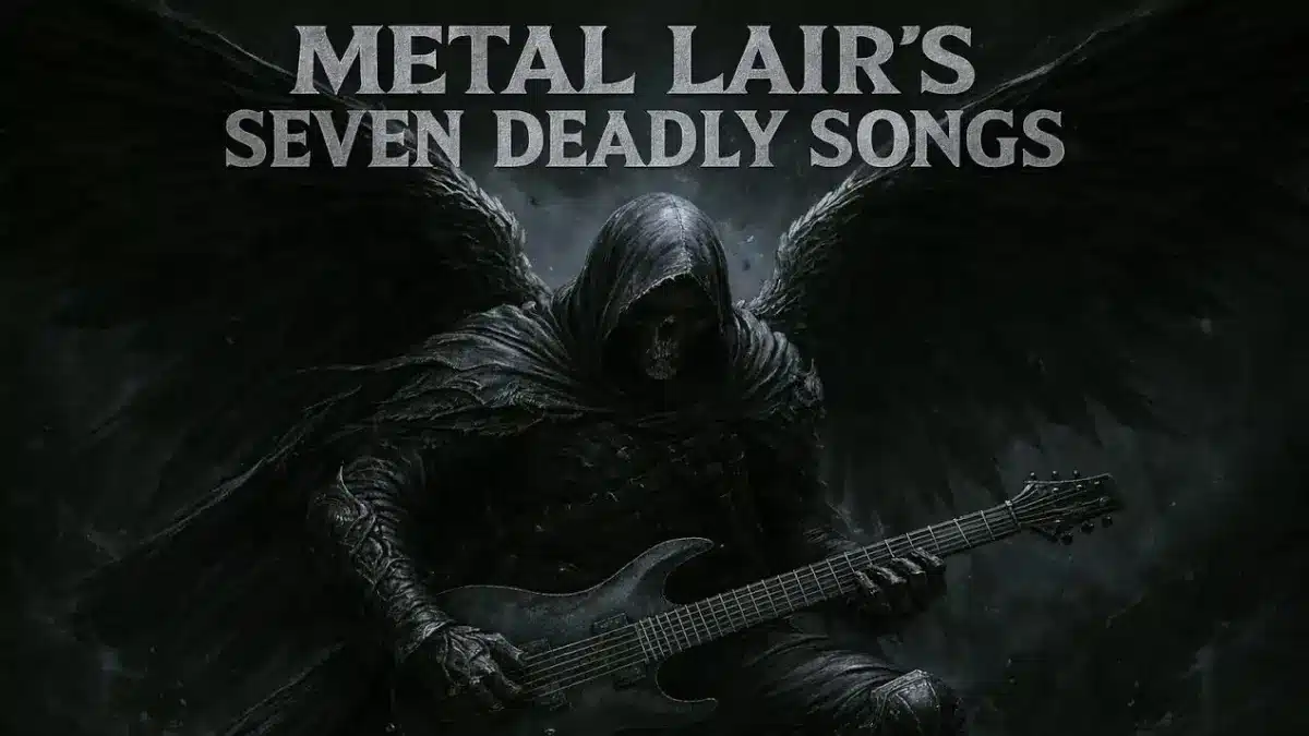 “Metal Lair’s Seven Deadly Songs artwork featuring a hooded grim reaper with black wings holding an electric guitar in dark gothic style.”