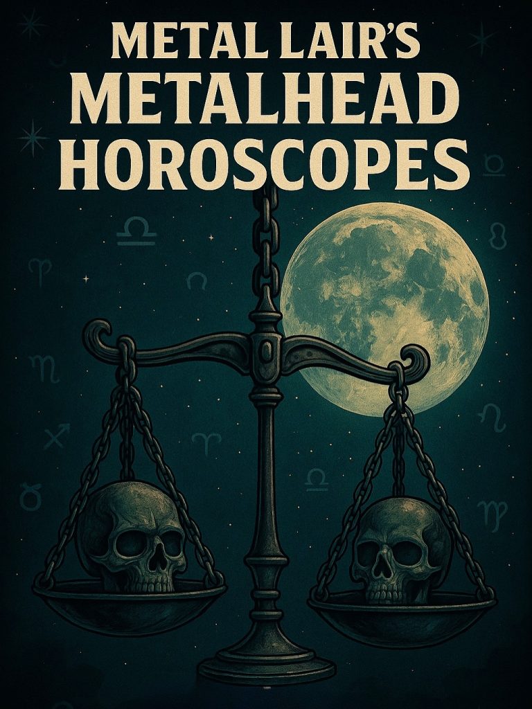 Unleash Your Metalhead Horoscope – Libra Season Full Moon Artwork featuring skulls balanced on a scale under the night sky, with Aries, Virgo, Taurus, and Libra zodiac symbols in the background.