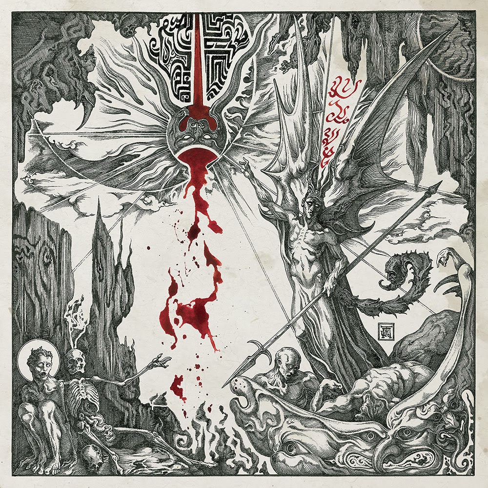 Enthroned Ashspawn album artwork featuring occult black-and-white etching with red blood motif and demonic figure.