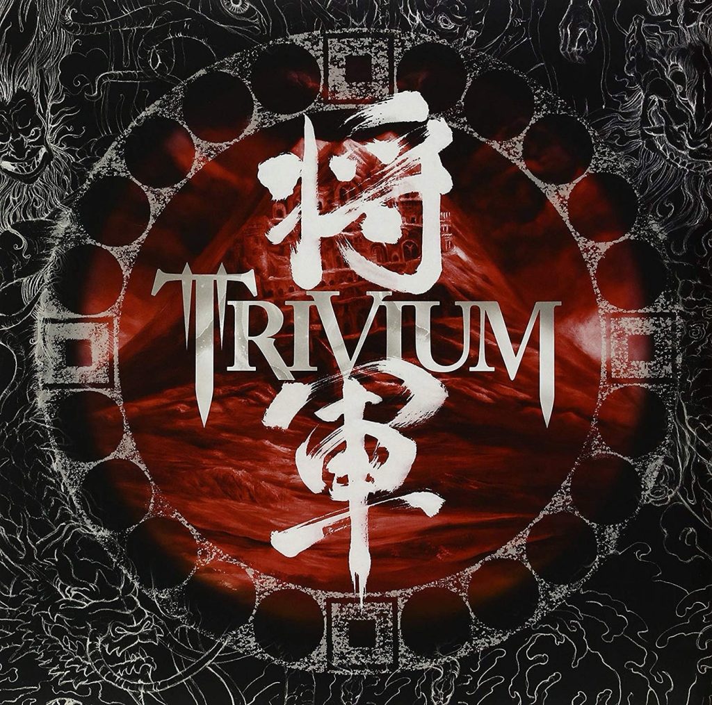 Trivium Shogun-era artwork featuring red circular emblem with Japanese kanji and band logo.