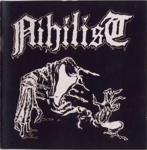 Original Nihilist demo artwork (1987–1989), raw black-and-white design featuring skeletal figure and dripping logo — the earliest visual mark of Swedish death metal history.