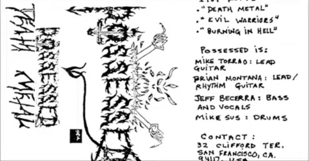 Possessed Death Metal demo 1984 cassette artwork with hand-drawn logo, tracklist, and lineup credits.