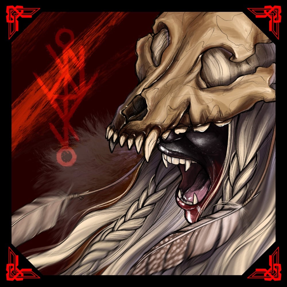 Hugrheim artwork of skull-masked warrior screaming with braids and red background.