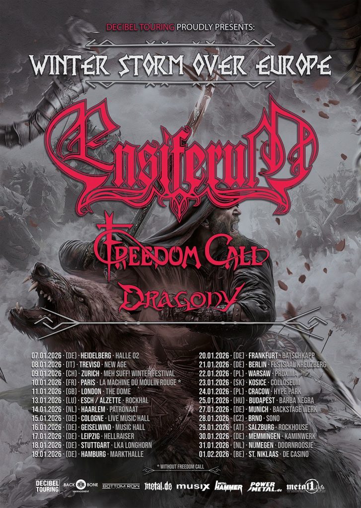 Ensiferum European headline tour 2026  poster with Freedom Call and Dragony, listing European tour dates in January and February 2026.