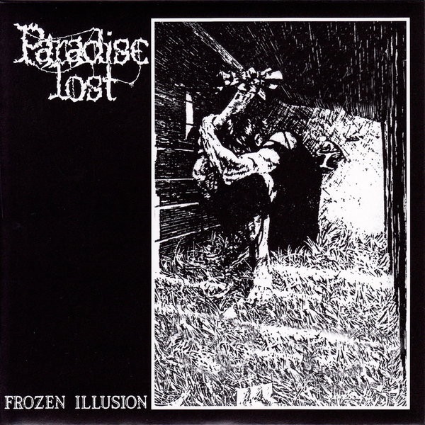 Black and white cover art of Paradise Lost’s Frozen Illusion demo, featuring a sketch of a tormented figure crouched in darkness with one arm raised.