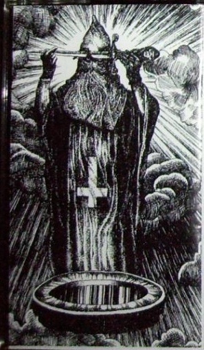 Tiamat’s A Winter Shadow demo (1990) black-and-white artwork featuring a hooded figure with an inverted cross, holding a staff over a pit.