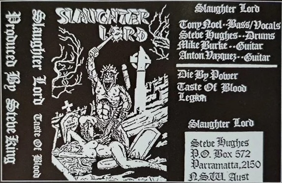 Slaughter Lord’s Taste of Blood demo (1986) artwork featuring a barbaric figure on a throne of skulls.