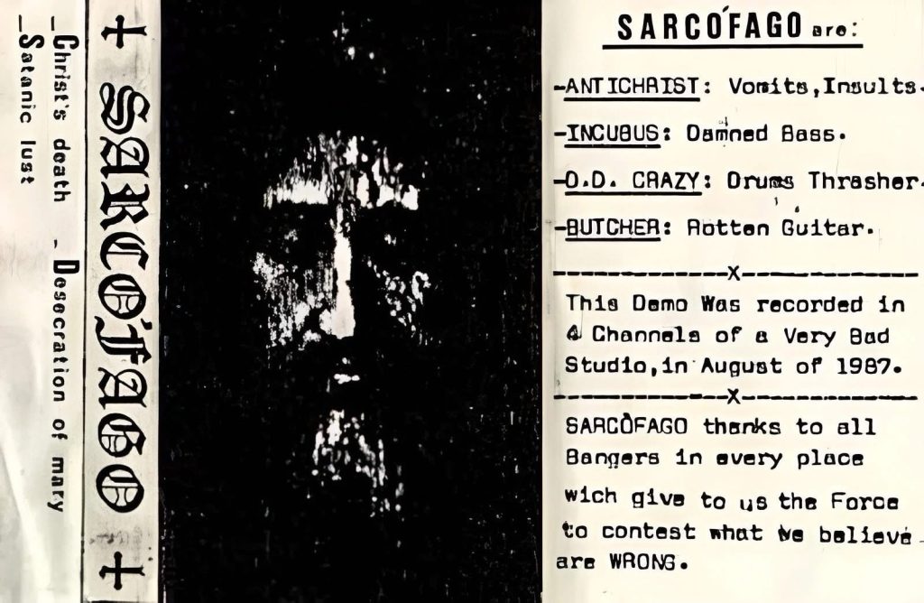 Sarcófago’s Christ’s Death demo original 1987 cassette insert with xeroxed band photo and typed credits.